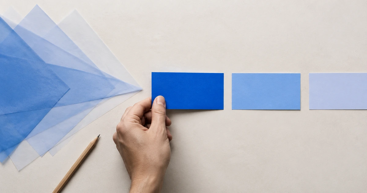 Una mano coloca la primera pieza de un recorrido azul que parte de varias capas ordenadas y continúa fuera de cuadro.